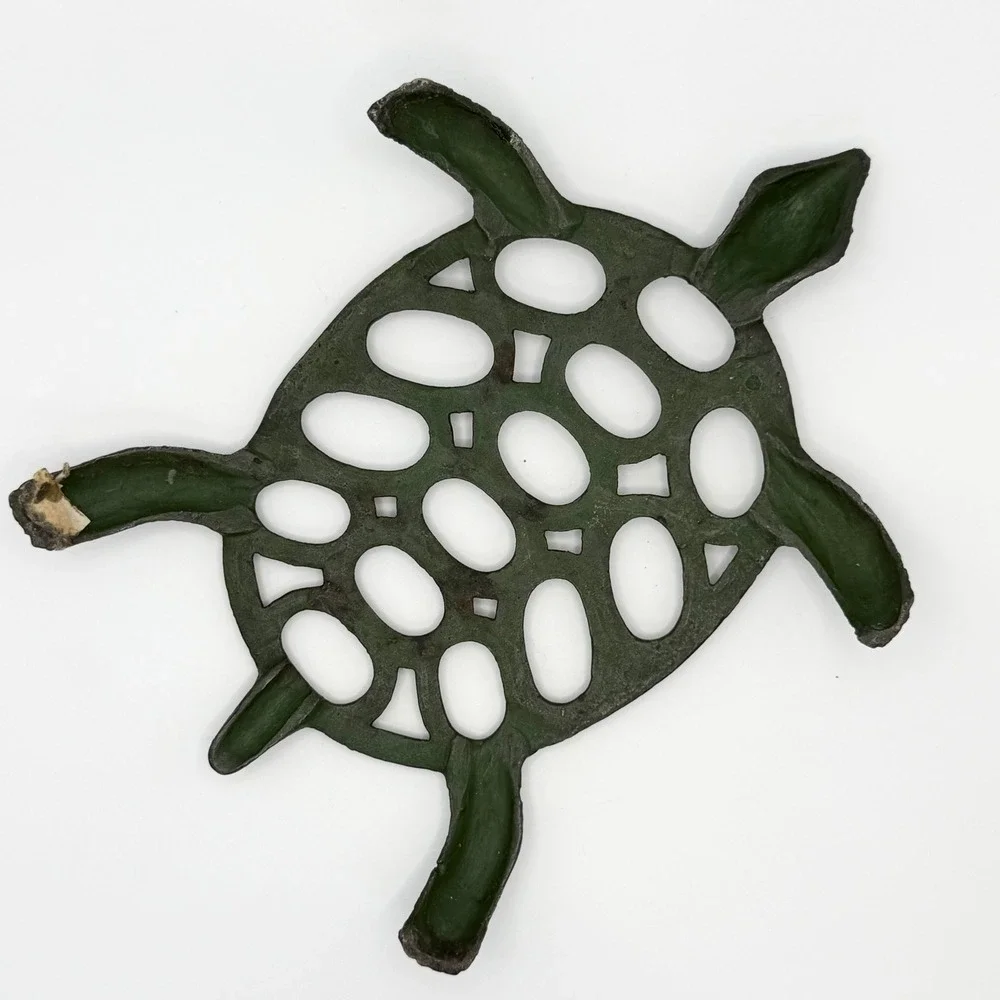 Vintage Cast Iron Turtle Trivet Green  Metal Sea Life Decor Coastal Rustic 7.5